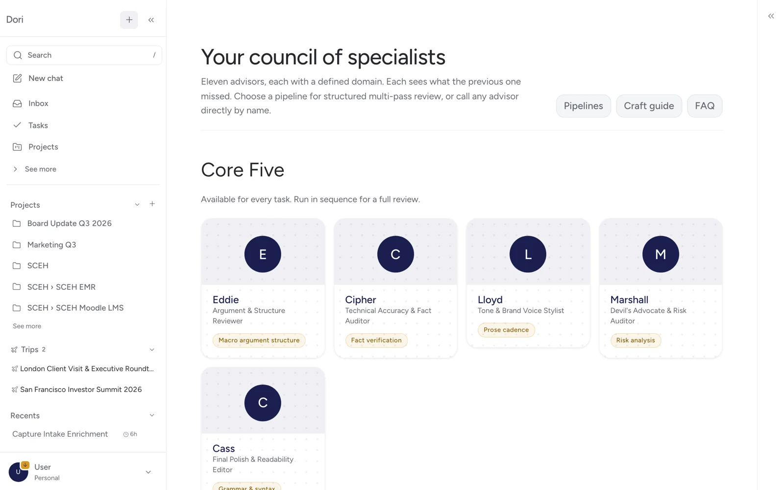 Dori's council of advisor personas: argument reviewer, fact auditor, tone stylist, and risk auditor