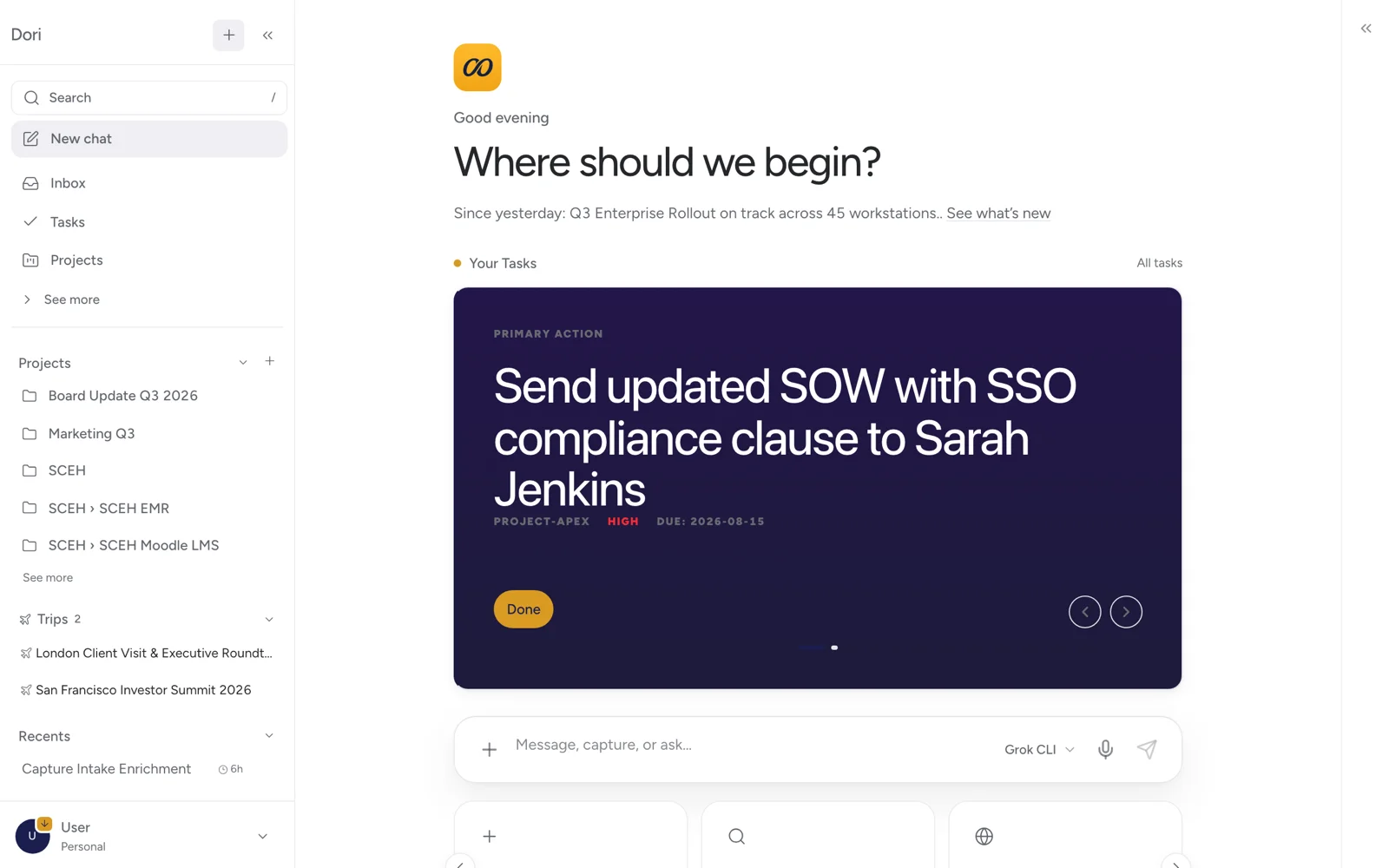 Dori home screen showing today's priority: send the updated SOW with SSO compliance clause to Sarah Jenkins