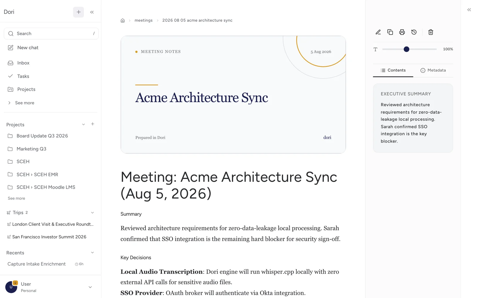A meeting recording turned into structured notes with an executive summary and key decisions