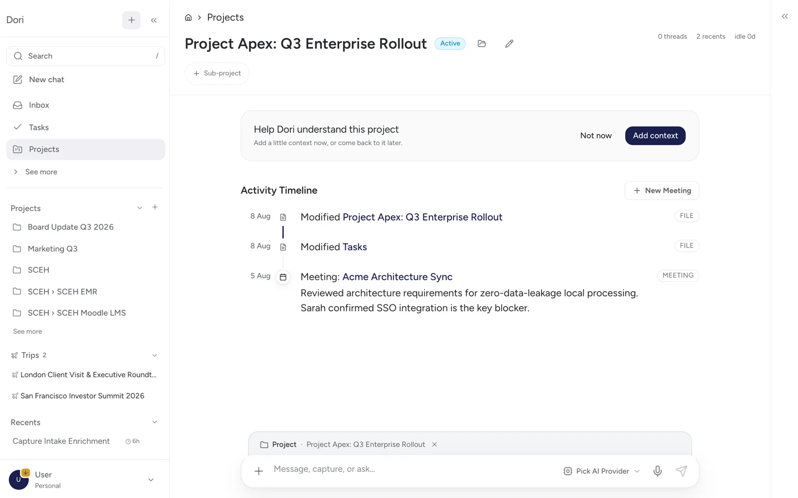 A project page in Dori showing an activity timeline of file changes and linked meetings